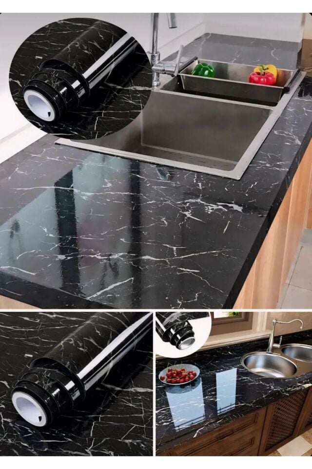 Mermer Desenli Siyah Folyo Kaplama 5 Metre Tezgah Dolap Mutfak Kağıdı Yapışkanlı 5m X 60 Cm
