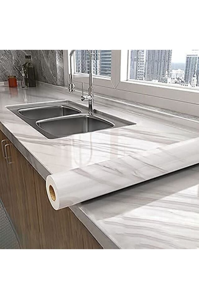 Mermer Desenli Beyaz Folyo Kaplama 5 Metre Tezgah Dolap Mutfak Kağıdı Yapışkanlı