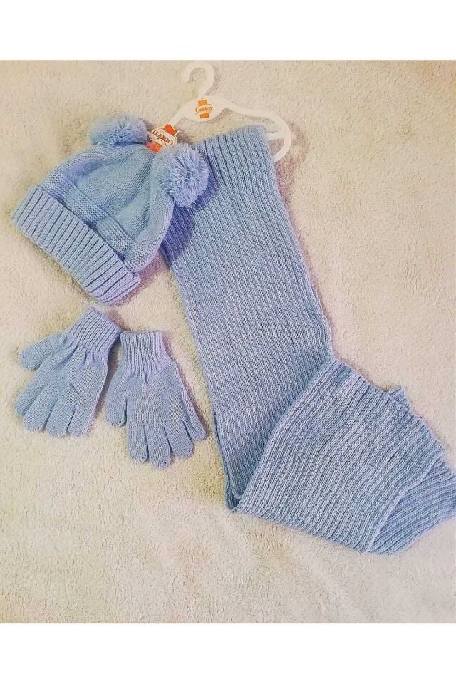 Çocuk Düz Tek Renk Triko Atkı Ponponlu Bere Eldiven Set Takım Mavi