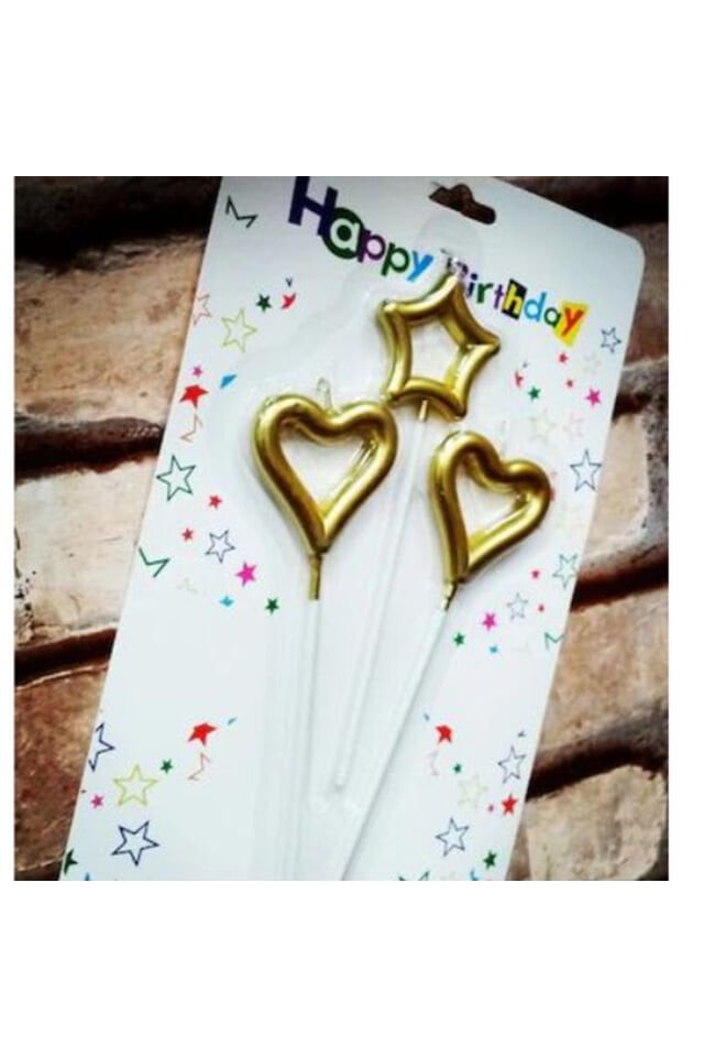 Metalik 2 Kalp ve 1 Yıldız Mum 3'lü Doğum Günü Parti Pasta Mumu