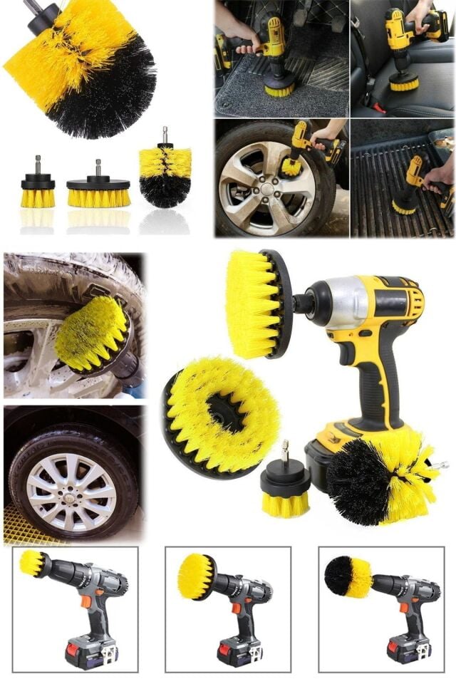 3'lü Araba Bakım Fırçası Tüm Matkaplara Uyumlu Jant Döşeme Lastik Kotuk Parlatıcı Çizik Bırakmaz