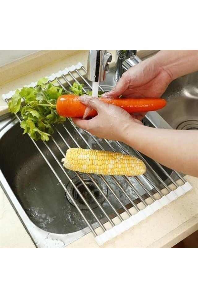Evye Üstü Katlanır Nihale Paslanmaz Çelik Pratik Sebze Meyve Bulaşık Kurutma Süzgeci