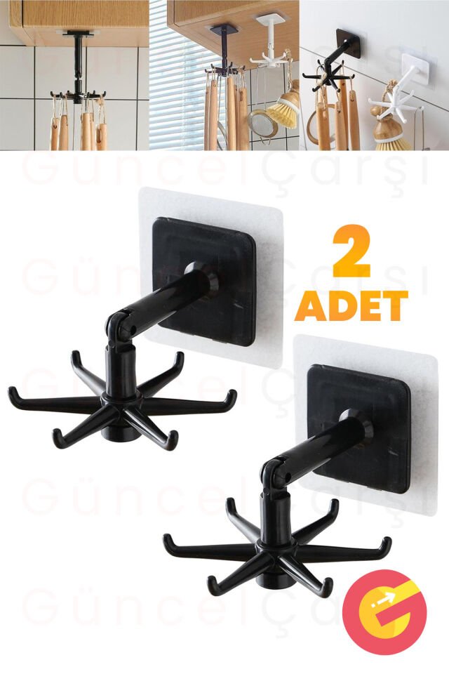 Kendinden Yapışkanlı 360 Derece Dönen 6 Kancalı Askı, Mutfak/Banyo/Gardırop için, Döner Asma Raf