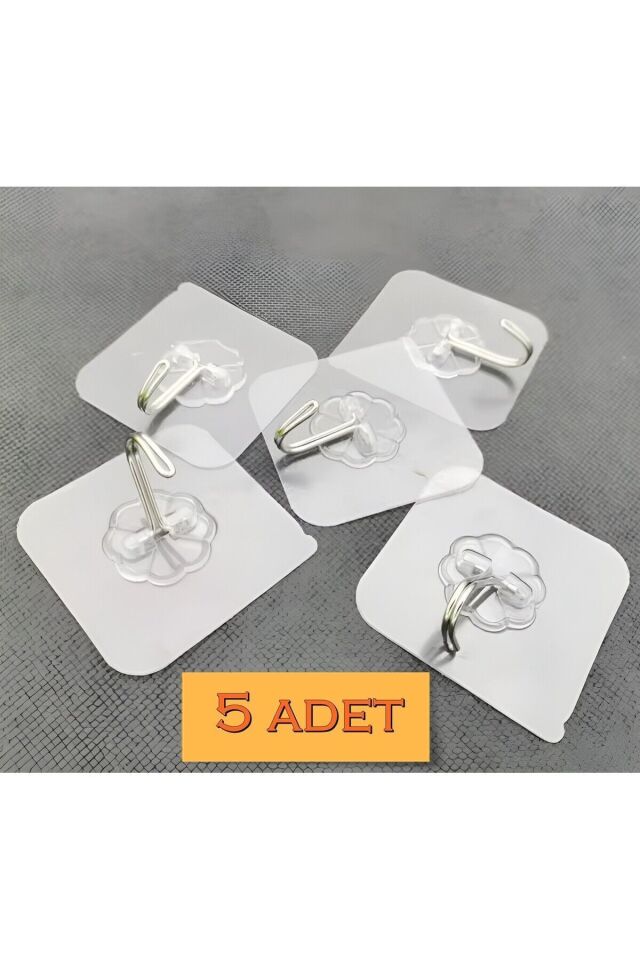 TAYEM 5 Adet 6x6 Cm Şeffaf Kendinden Yapışkanlı Kancalı Suya Dayanıklı Güçlü Askı