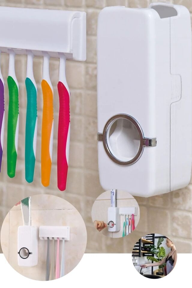 Diş Macunu Sıkacağı Aparatı Ve 5'li Diş Fırçalığı Macun Sıkıcı Diş Fırçası Tutucu