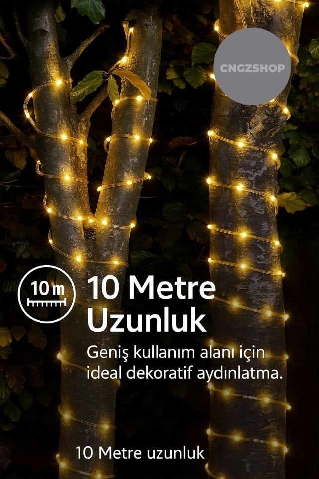 Solar Enerjili Neon LED Işık 10 Metre | Su Geçirmez Sarı Animasyonlu Bahçe, Balkon, Teras ve Ağaç Aydınlatması