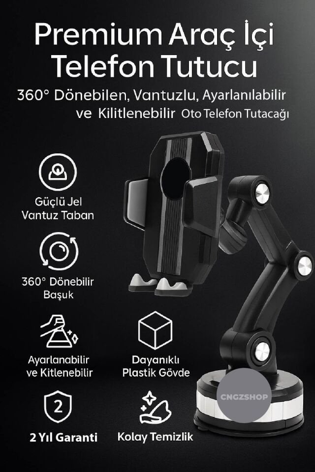 Premium Araç İçi Telefon Tutucu | 360° Dönebilen, Vantuzlu, Ayarlanabilir ve Kitlenebilir Oto Telefon Tutacağı