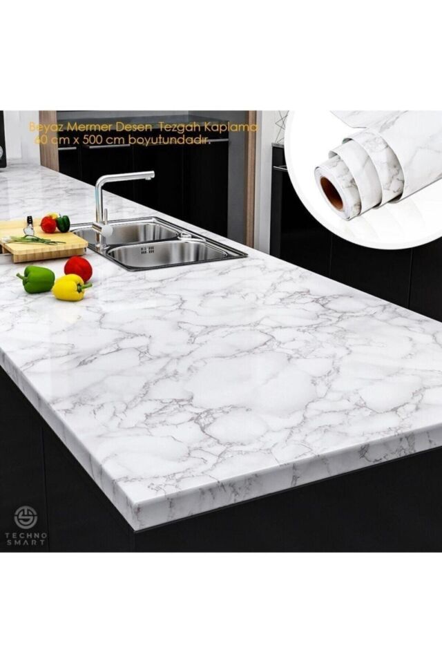 5 Metre 60 Cm Mermer Desenli Mutfak Tezgah Üstü Yapışkanlı Folyo Beyaz