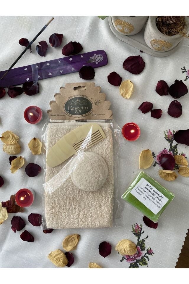 76-) Doğal Bebek Vücut Ve Yüz Banyo Kesesi Tarak Seti %100 Doğal Kabak Lifli Zeytinyağlı Sabun