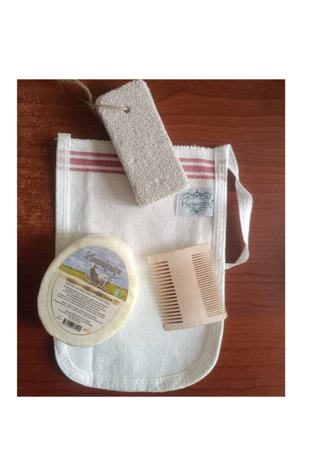 Keçi Sütlü Doğal Süngerli Sabun, Kese,şimşir Tarak, Ponza Topuk Taşı 4'lü Hijyenik Set