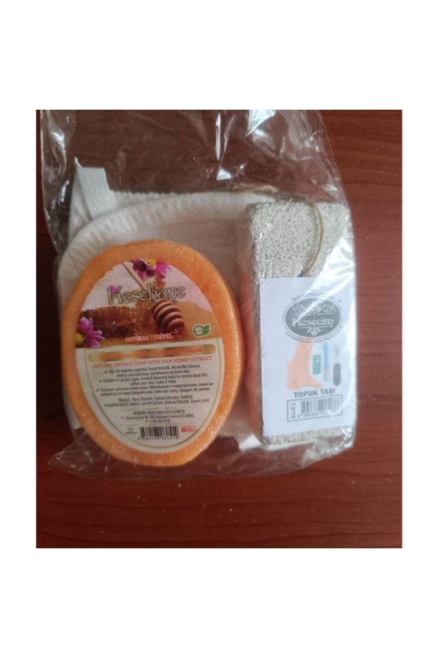 Ballı Doğal Süngerli Sabun, Kese,şimşir Tarak, Ponza Topuk Taşı 4'lü Hijyenik Set