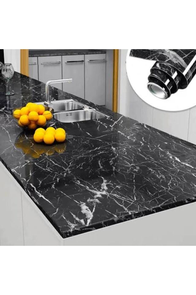 Siyah Mermer Desenli Tezgah, Dolap, Kapı, Masa Kaplama Folyo Kağıdı 5 Metre