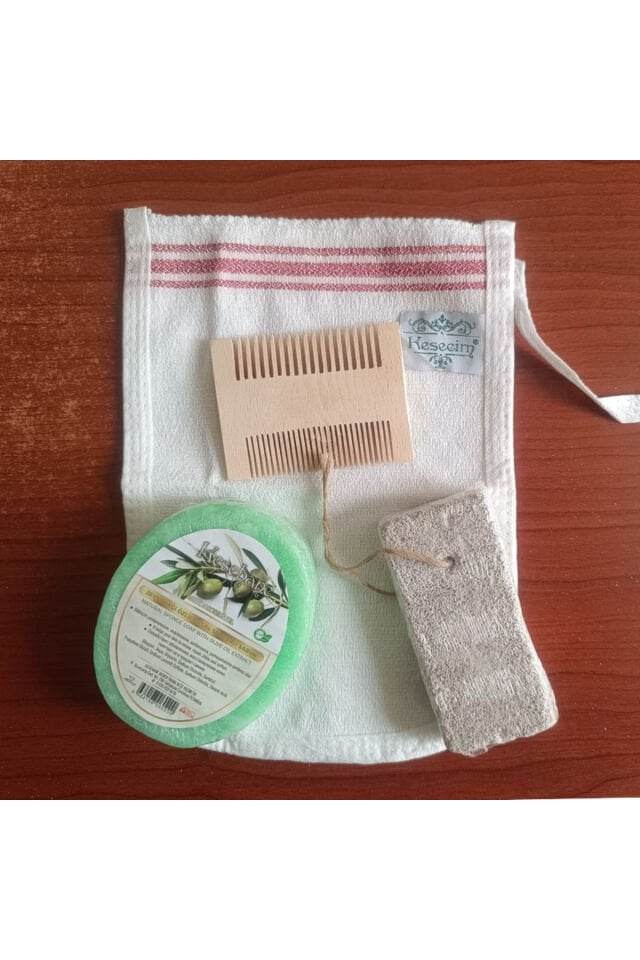 Zeytinyağı Özlü Doğal Süngerli Sabun, Kese,şimşir Tarak, Ponza Topuk Taşı 4'lü Hijyenik Set