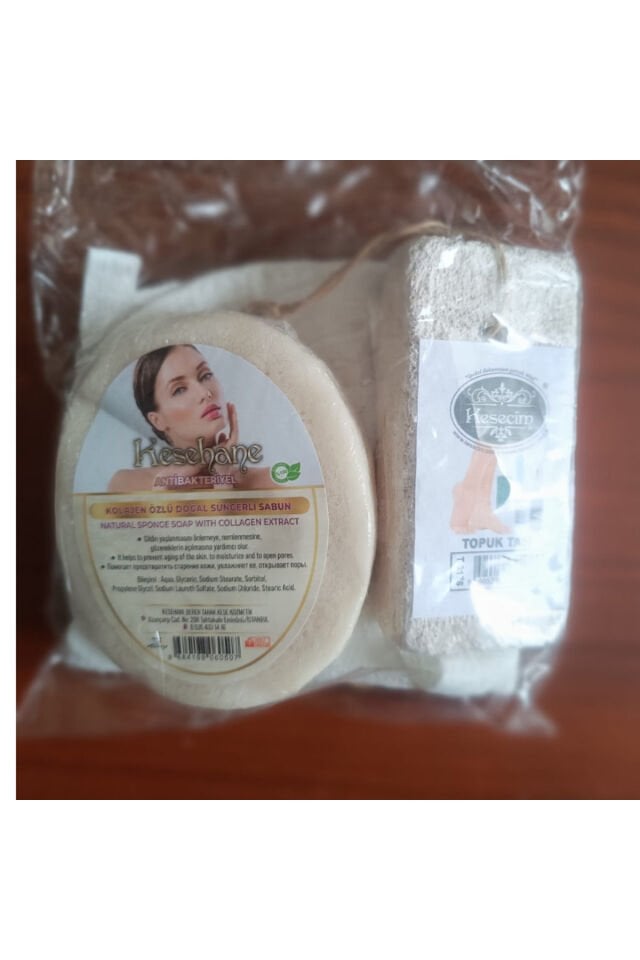 Kolejen Özlü Doğal Süngerli Sabun, Kese,şimşir Tarak, Ponza Topuk Taşı 4'lü Hijyenik Set