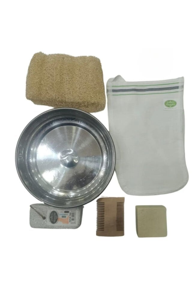 Doğal Kabak Lifi,Alüminyum Hamam Tası,Ahşap Tarak,Kese,Zeytinyağlı Sabun,Topuk Taşı Hamam Set