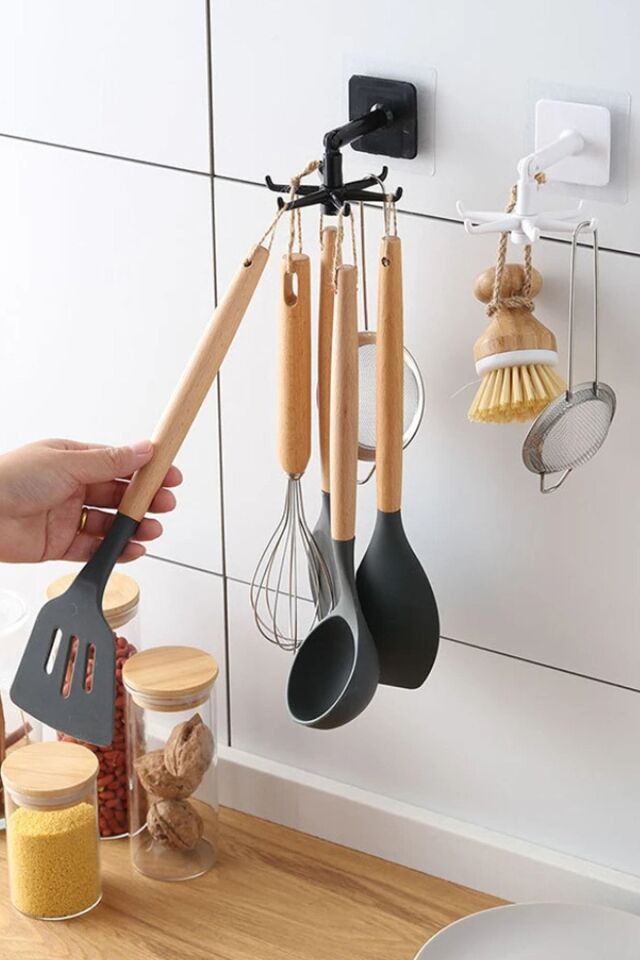 2 Adet Siyah Renk Pratik Askılık Yapışkanlı - 6 Kancalı Mutfak Banyo Dönerli Askılık Yapışkanlı