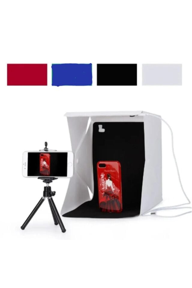 Çift Led Işıklı Ürün Fotoğraf Çekim Çadırı Katlanabilir Resim Fotoğraf Çekme Kutusu 4 Adet Arka Fon