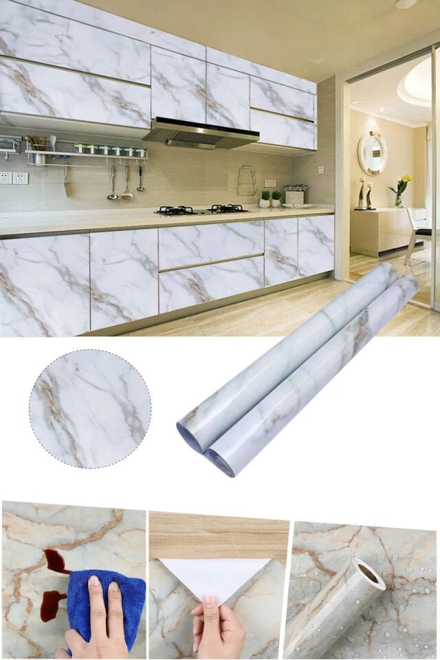 Yapışkanlı Siyah Tonlu 5mt X 60Cm Mermer Desenli Folyo Kaplama Kağıdı Mutfak Tezgah Dolap Banyo Masa