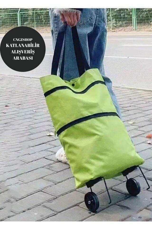 Çok Amaçlı Pratik Taşınabilir Bölmeli Tekerlekli Katlanabilir Pazar Alışveriş Arabası Çantası Yeşil