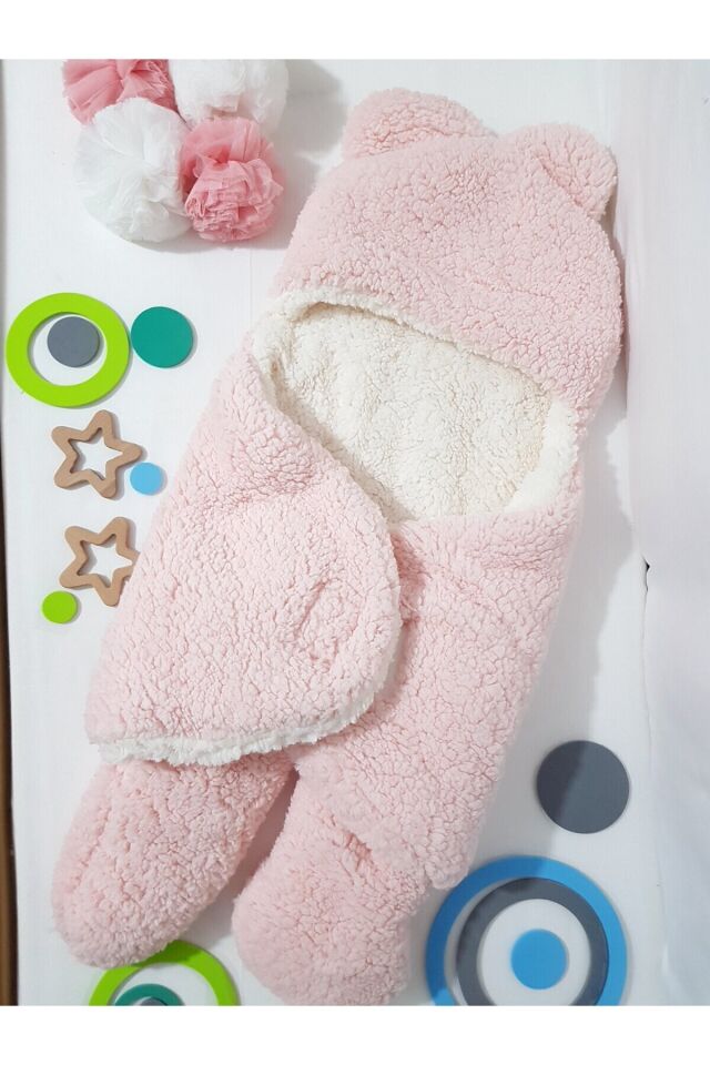 Bebek Dış Kundak Sarma Sıcak Battaniye Açık Pembe - Welsoft Kapüşonlu Çift Katman Ayaklı Model