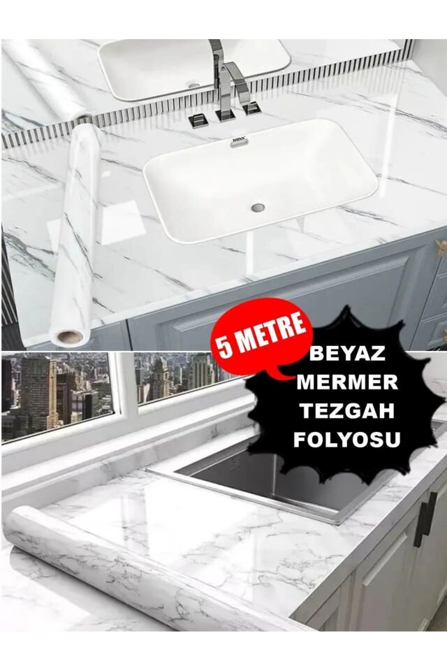 Beyaz Mermer Desenli (5 METRE) Kendinden Yapışkanlı Kaplama Kağıdı Gri-tezgah&duvar&dolap&raf Folyo