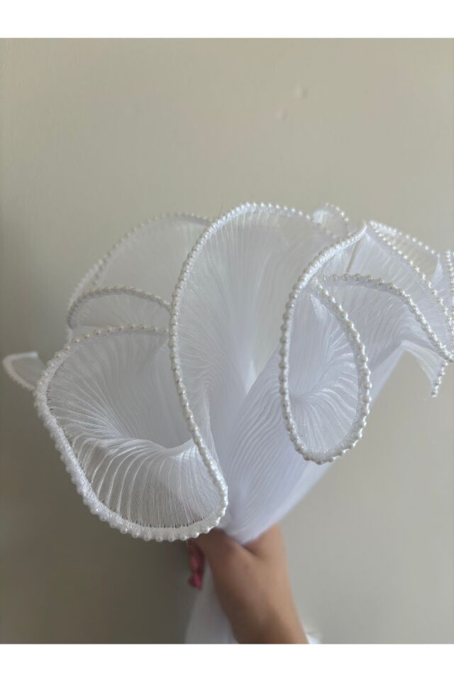 Gelin Buketi Tülü – Fırfırlı Ve Incili Lüks Tül Kumaş (1 Metre )