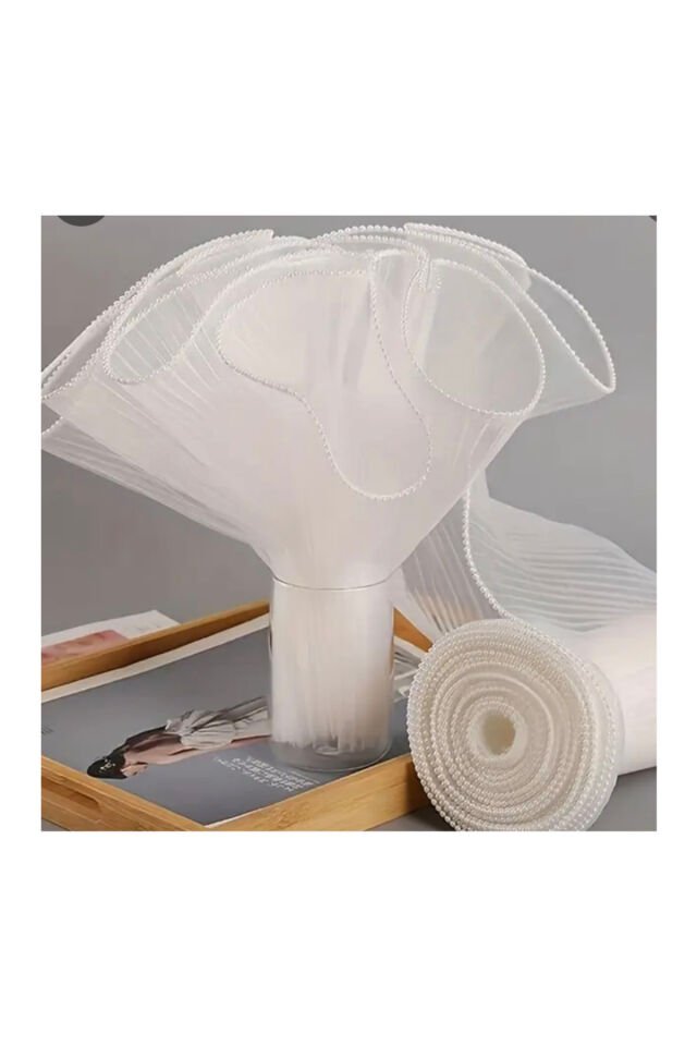 Fırfırlı Gelin buketi sarma tülü incili çiçek tülü incili piliseli aranjman 60 cm (35×60cm)ü