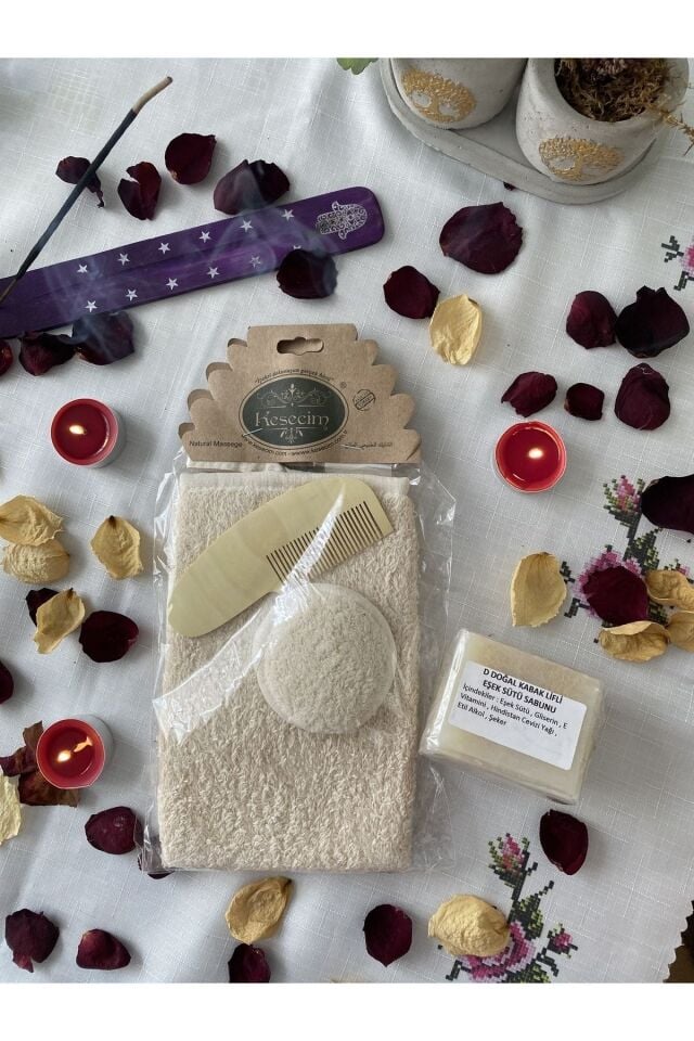 91-) Doğal Bebek Vücut Ve Yüz Banyo Kesesi Tarak Seti %100 Doğal Kabak Lifli Eşek Sütü Sabunu