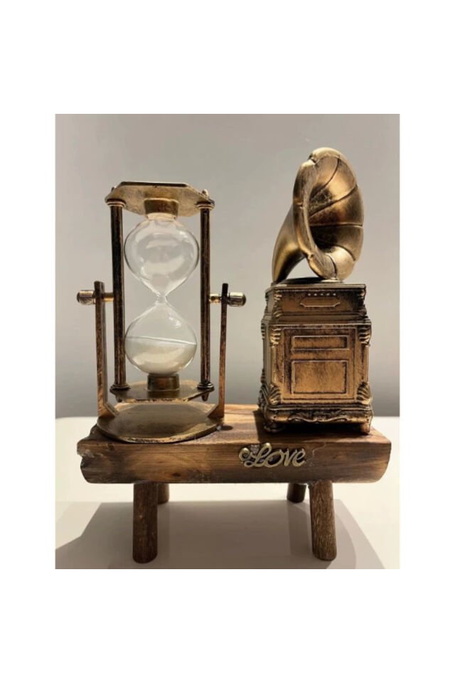 Ahşap Antika Tasarımlı Dekoratif Gold Renk Gramofon Ve Kum Saati Dekorasyon Ev Ofis Hediyelik Eşya