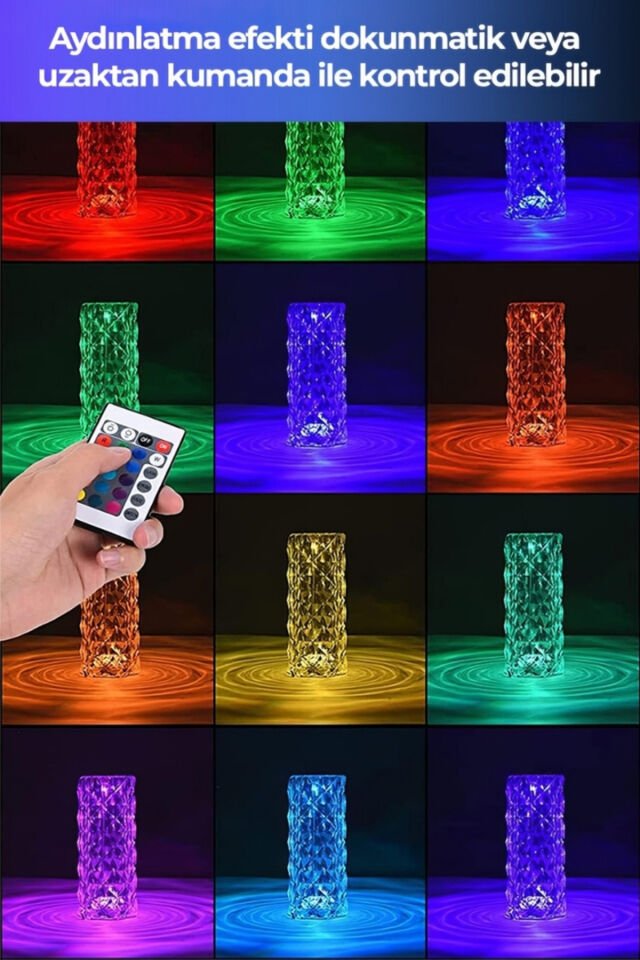Dokunmatik Kristal LED RGB Masa Lambası-Uzaktan Kumandalı Dekorasyon Lambası-USB Şarjlı