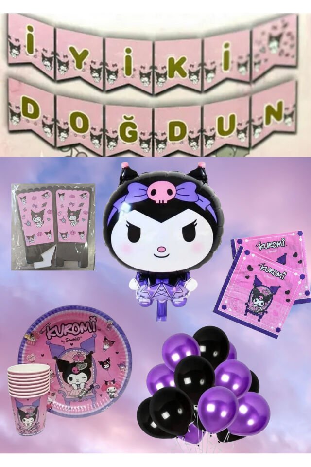 Kuromi Melodi Doğum Günü Konsepti Folyo Balon Banner Tabak Bardak Mısır Kutusu Peçete Set