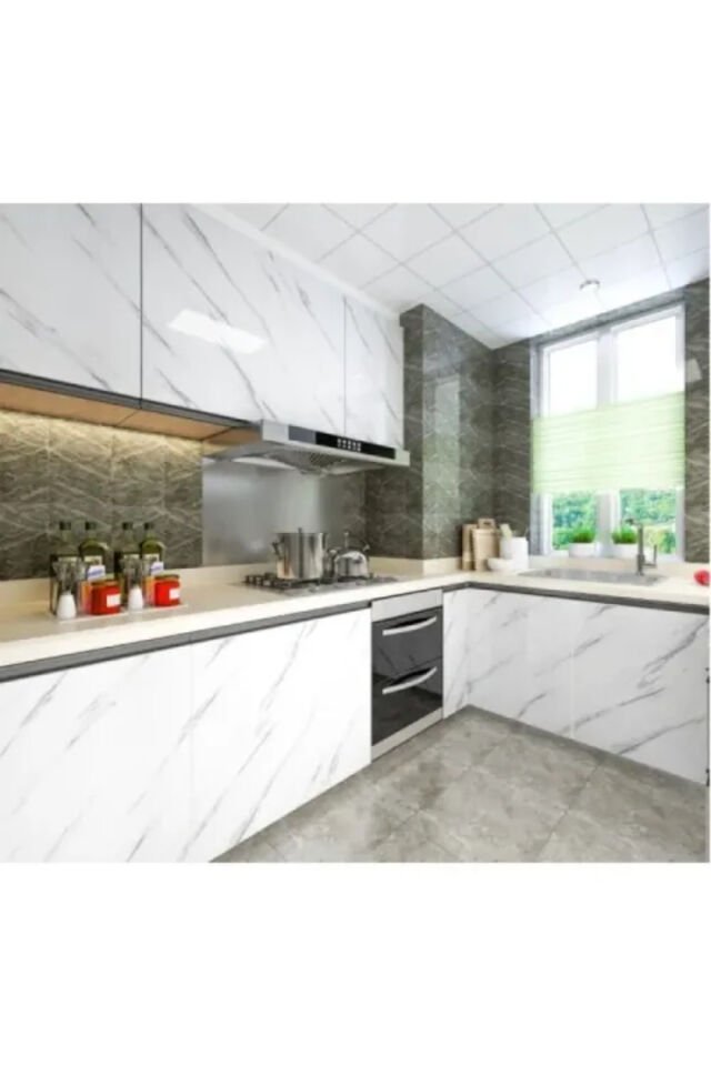 Mermer Desenli Beyaz Folyo Kaplama 5 Metre Tezgah Dolap Mutfak Kağıdı Yapışkanlı