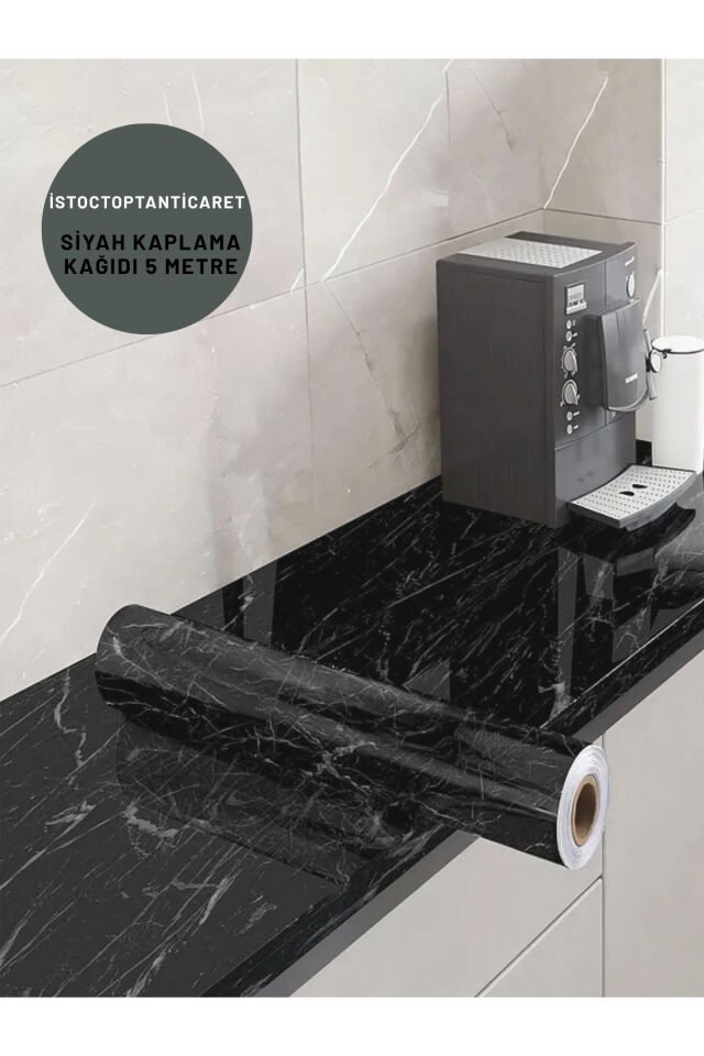5 Metre Siyah Mermer Desenli Yapışkanlı Mutfak Banyo Dolap Tezgah Folyosu Kaplama Kağıdı