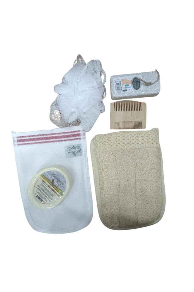 Kabak Lifi Eldiven, Topuk Taşı, Banyo Lifi,Süngerli Sabun,Kese,Ahşap Tarak Banyo Hamam Seti