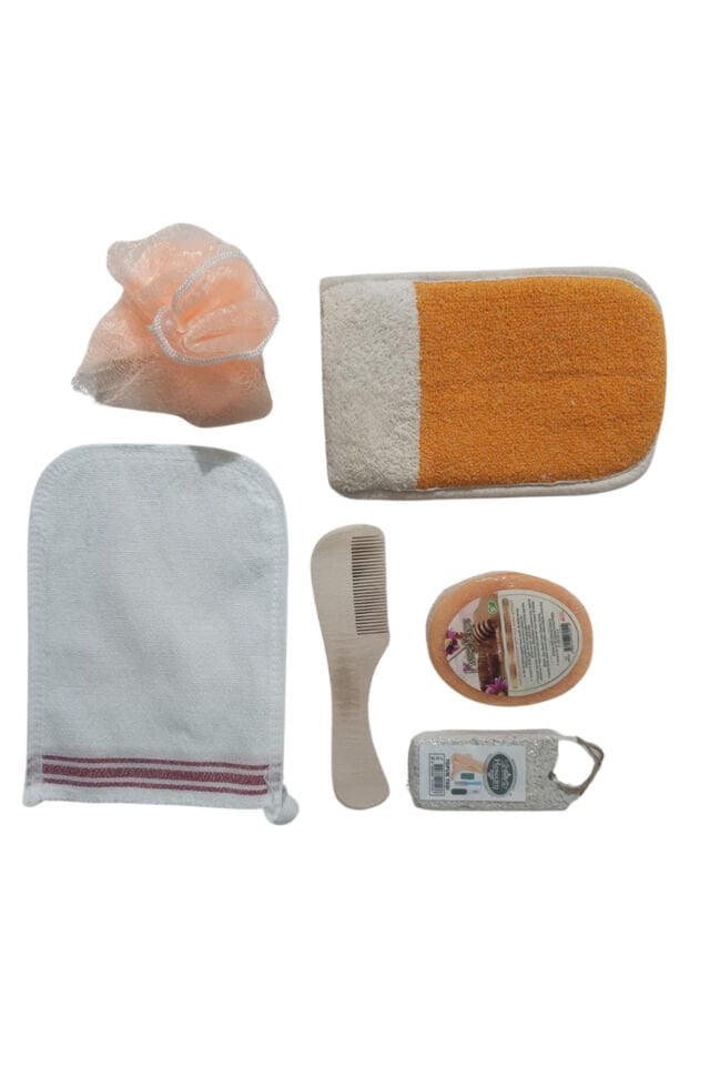 Polyester Pamuklu Eldiven,kese,süngerli Sabun,banyo Lifi,ahşap Saç Tarağı,topuk Taşı 6'lı Banyo Set