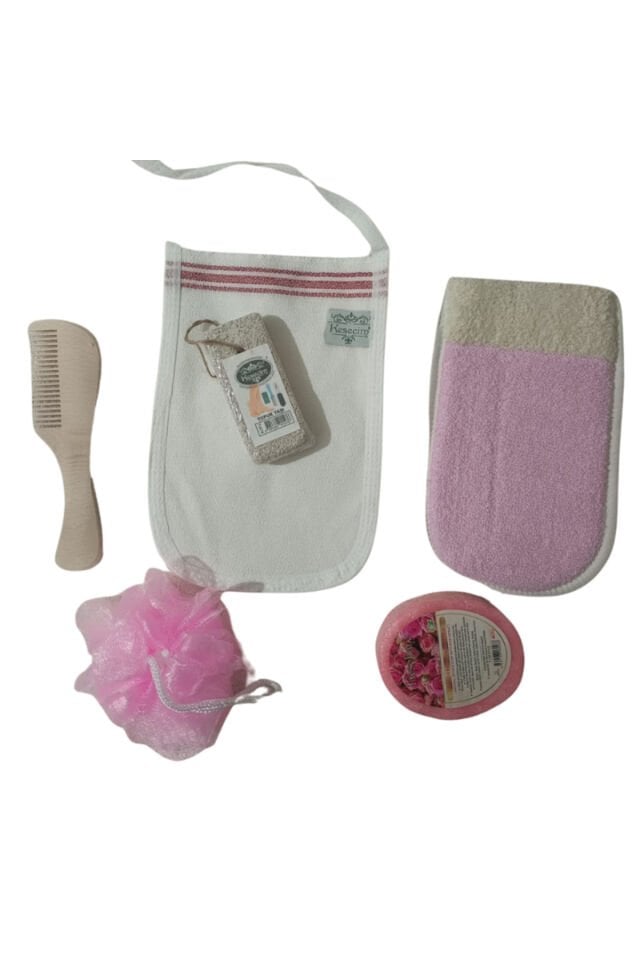 Polyester Pamuklu Eldiven,kese,süngerli Sabun,banyo Lifi,ahşap Saç Tarağı,topuk Taşı 6'lı Banyo Set