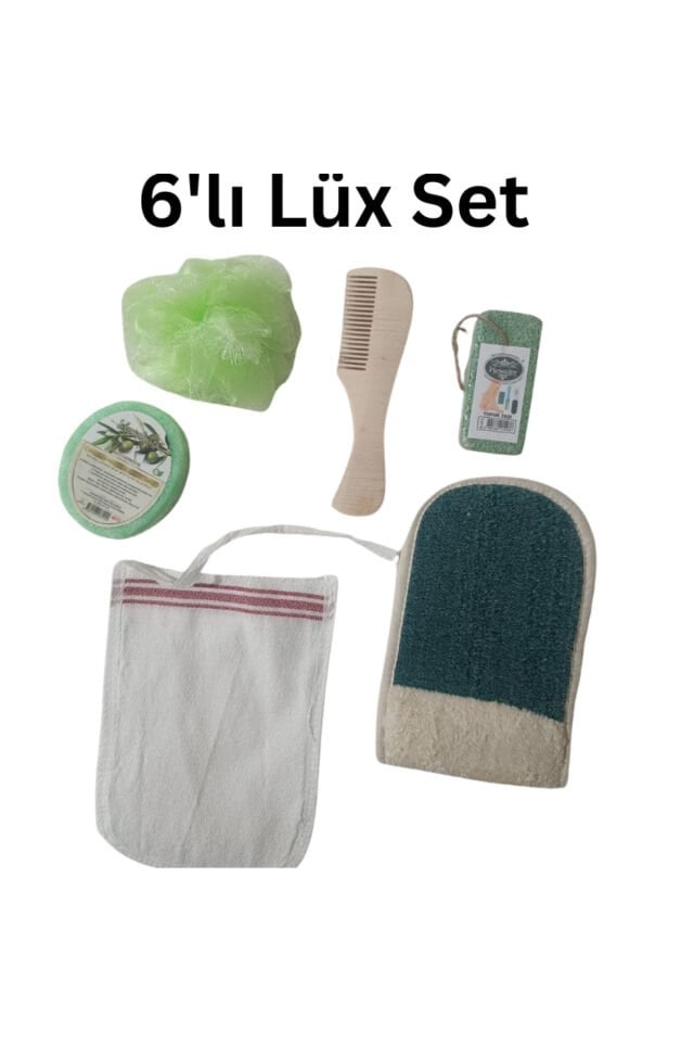 Polyester Pamuklu Eldiven,kese,süngerli Sabun,banyo Lifi,ahşap Saç Tarağı,topuk Taşı 6'lı Banyo Set