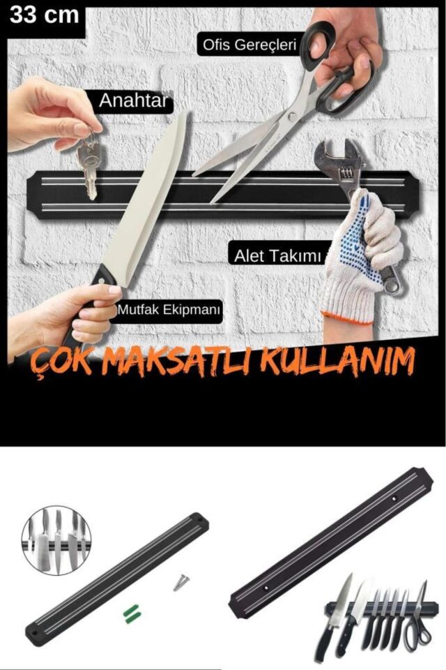 Mıknatıslı Çok Maksatlı Askı Barı 33 CM - Mıknatıslı Bıçak Askı Barı - Mıknatıslı Alet Takımı Askısı