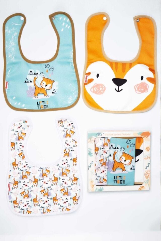 Little Tiger Temalı 3'lü Takım Mikrofiber Sıvı Geçirmez Çıt Çıtlı Mama Önlüğü 0-24 Ay