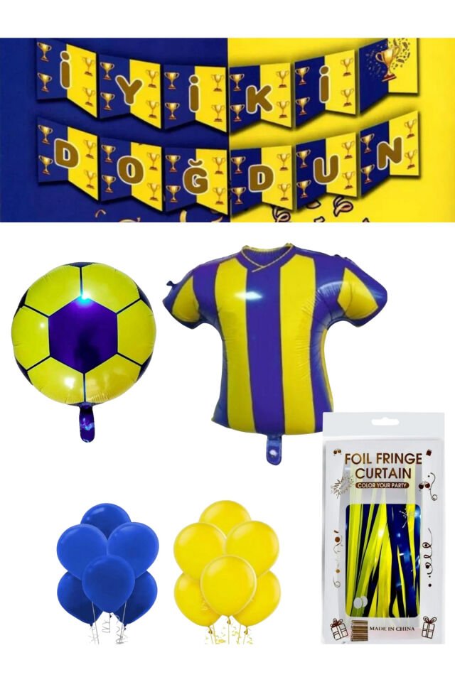 Sarı Lacivert Renk Taraftar Doğum Günü Konsepti Folyo Balon Arka Fon Set