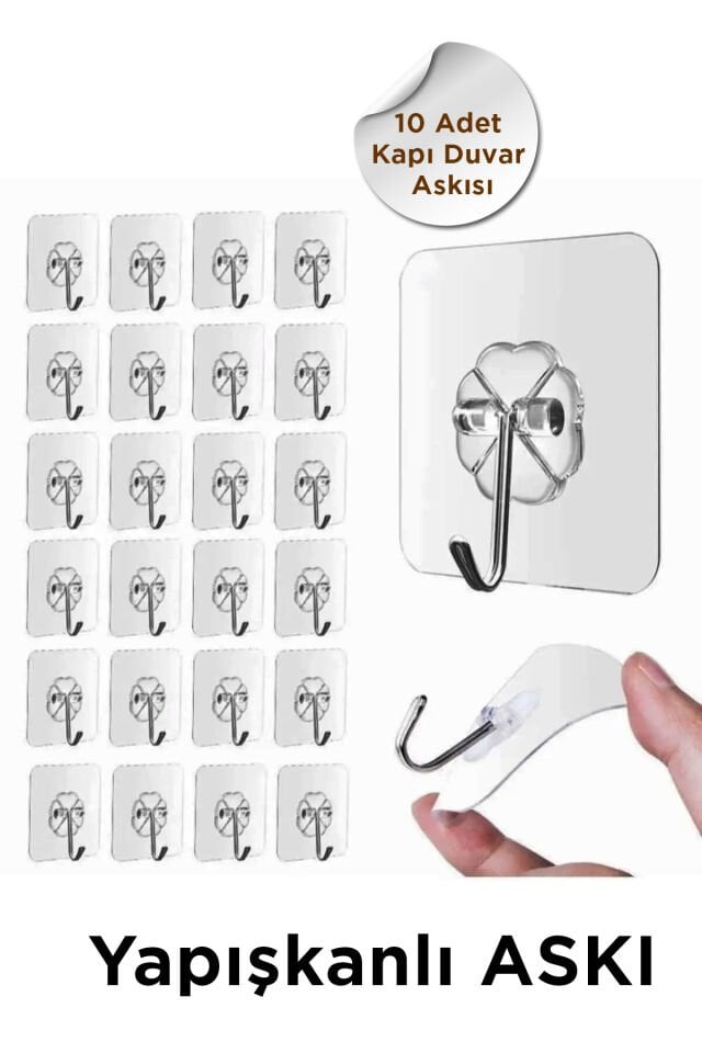 10 Adet Kapı Duvar Askısı, Kendinden Yapışkanlı Şeffaf Askı, Güçlü Kapı Askısı, 6X6cm