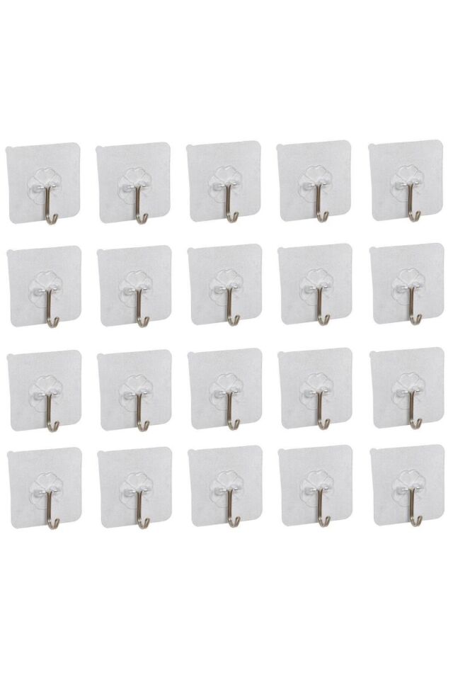 20 Adet Kendinden Yapışkanlı Şeffaf Askı Metal Kancalı Askılık