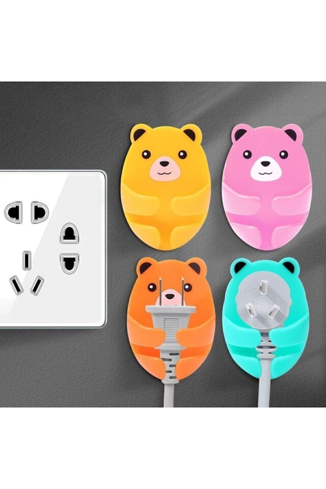 Desenli Fiş Askısı 4 Adet Kendinden Yapışkanlı Ayı Desenli Kablo Tutucu