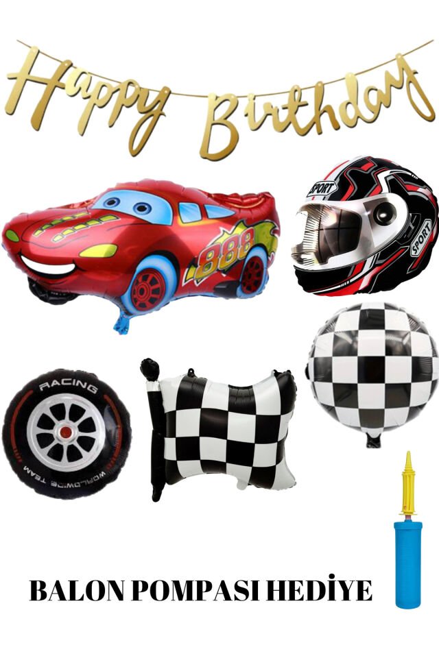 Şimşek Mcqueen Araba Konsept Folyo Balon Doğum Günü Seti Balon Pompası Hediye