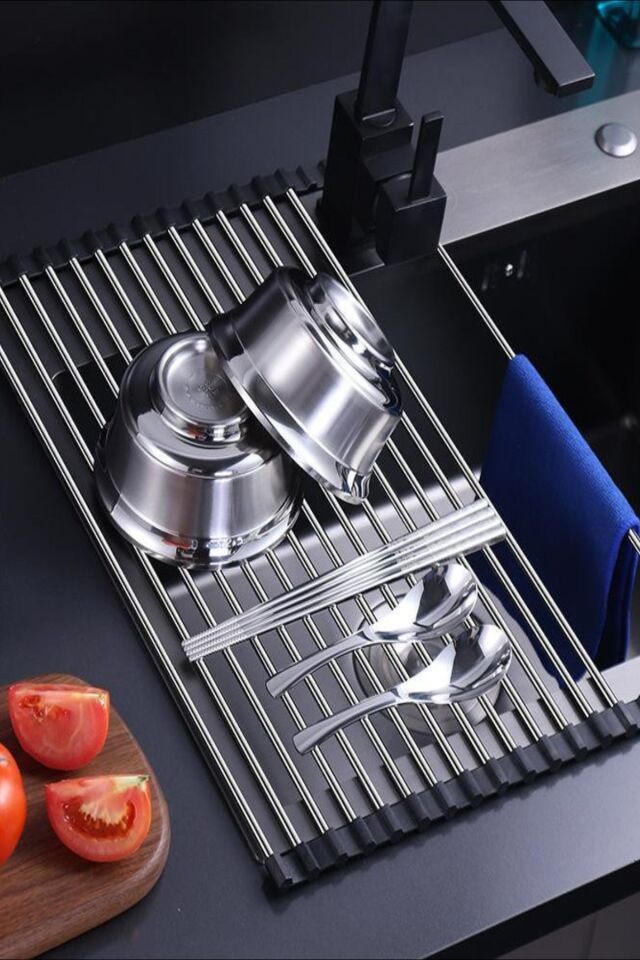 Paslanmaz Çelik Evye Üstü Katlanır Nihale - Pratik Sebze, Meyve ve Bulaşık Kurutma Süzgeci