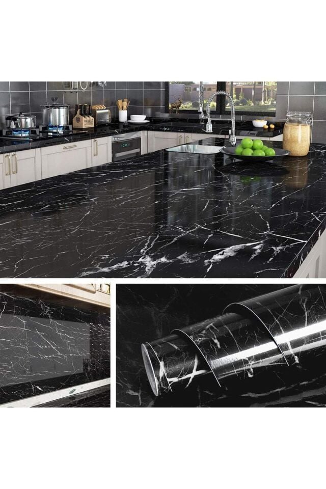 Siyah Mermer Desenli Yapışkanlı 5 Metre Folyo Kaplama Duvar Kağıdı Tezgah, Dolap, Mutfak, Mobilya vb
