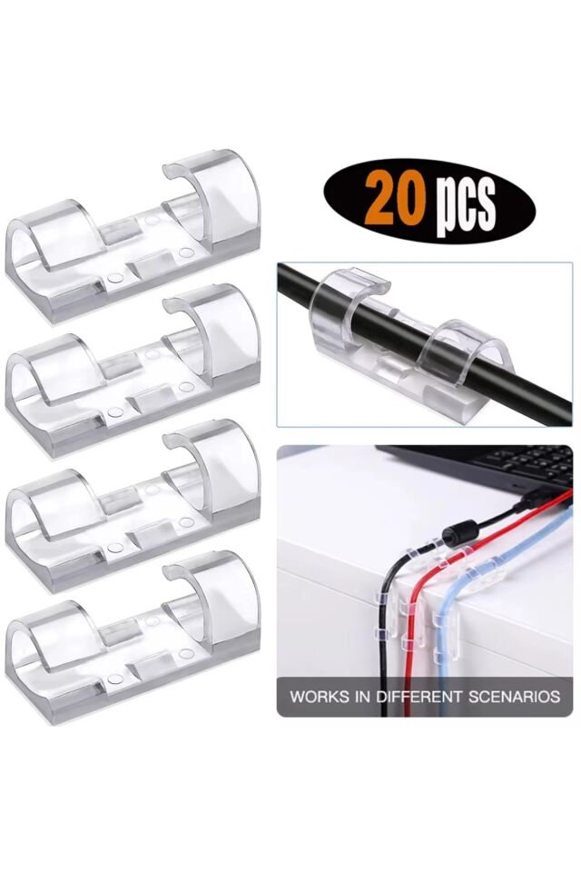 20'li Şeffaf Kablo Sabitleyici Düzenleyici Klips Duvar Fayans Cam Yapışkanlı Kablo Tutucu - 1 Paket