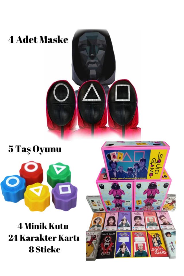 Squid Game Kalamar Oyunu Yüz Maskeleri + 5 Taş Oyunu ve 4 Minik Kutu 24 Karakter Kartı 8 Sticker