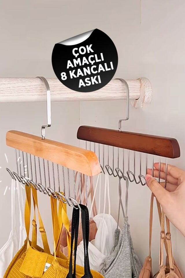 Çok Amaçlı Ahşap Askı, 8 Bölmeli Sütyen Askısı, Kemer Askısı, İç Çamaşır Askısı Eşarp Atkı Askısı