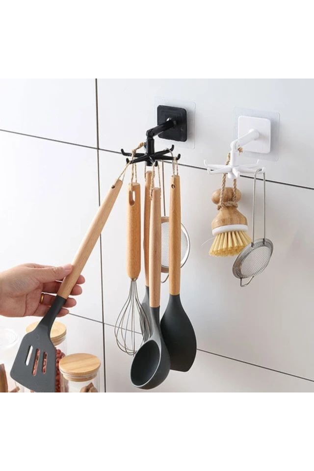 6 Kancalı Döner Askı Mutfak Banyo Askısı Kepçe Lif Havlu Askılığı Çok Amaçlı Askılık 3 Adet Siyah